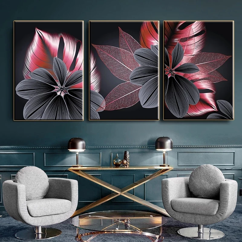 

Luxurious Floral Leaf Picture Art Painting Poster of Red and Black Monstera Printed on Canvas for Living Room Wall Decoration