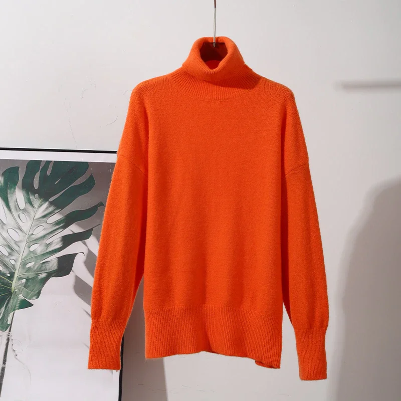 

Long Sleeve Solid Oversized Turtleneck Knitted Sweaters Ribbed Pullovers 2021 Autumn Basic Female Casual Knitwear Jumper
