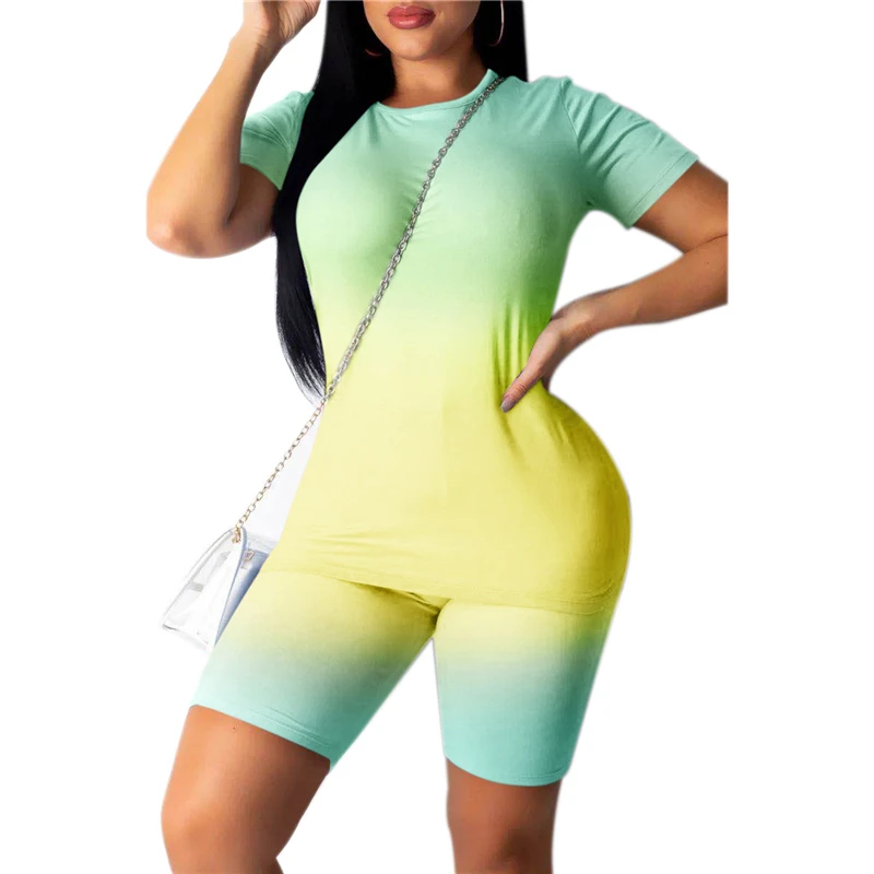 

Women Summer Fashion Clothes Sets Tie Dye Workout Set Round Neck Women Tracksuit Suit Crop Top Pants Outfit Sets Good Quality
