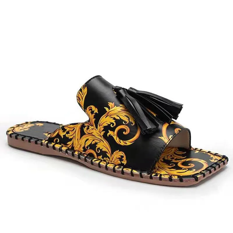

2021 Women's Sandals Fashion Tassels Summer Shoes Beach Slides Retro Print Shoes For Women Flat Slipper Outdoor Sandals gold