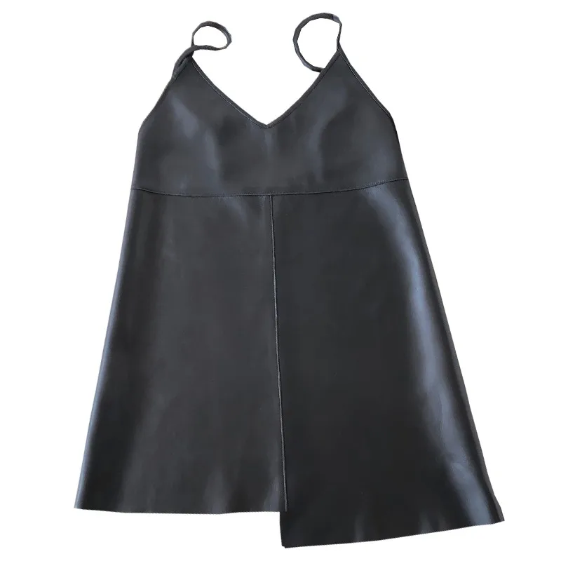 

Fashion Casual Sheepskin Genuine Leather Straps Dress High Street Women Asymmetrical Loose Fit V Neck Sleeveless A-Line Dresses
