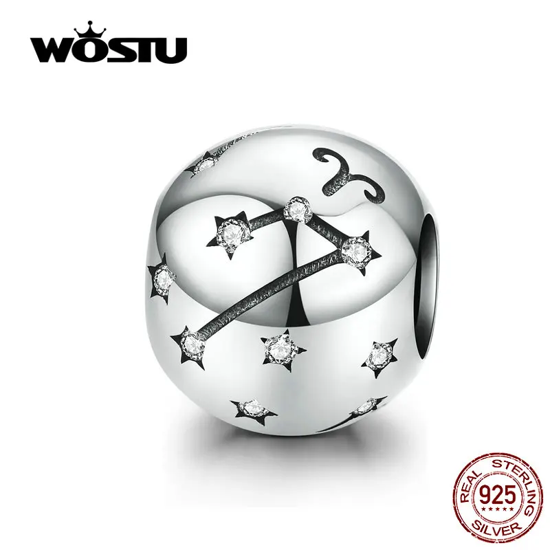 WOSTU Овен, Телец бусины с созвездием 925 пробы Серебро CZ Шарм подходят DIY браслет бусины для изготовления ювелирных изделий CQC1218-1