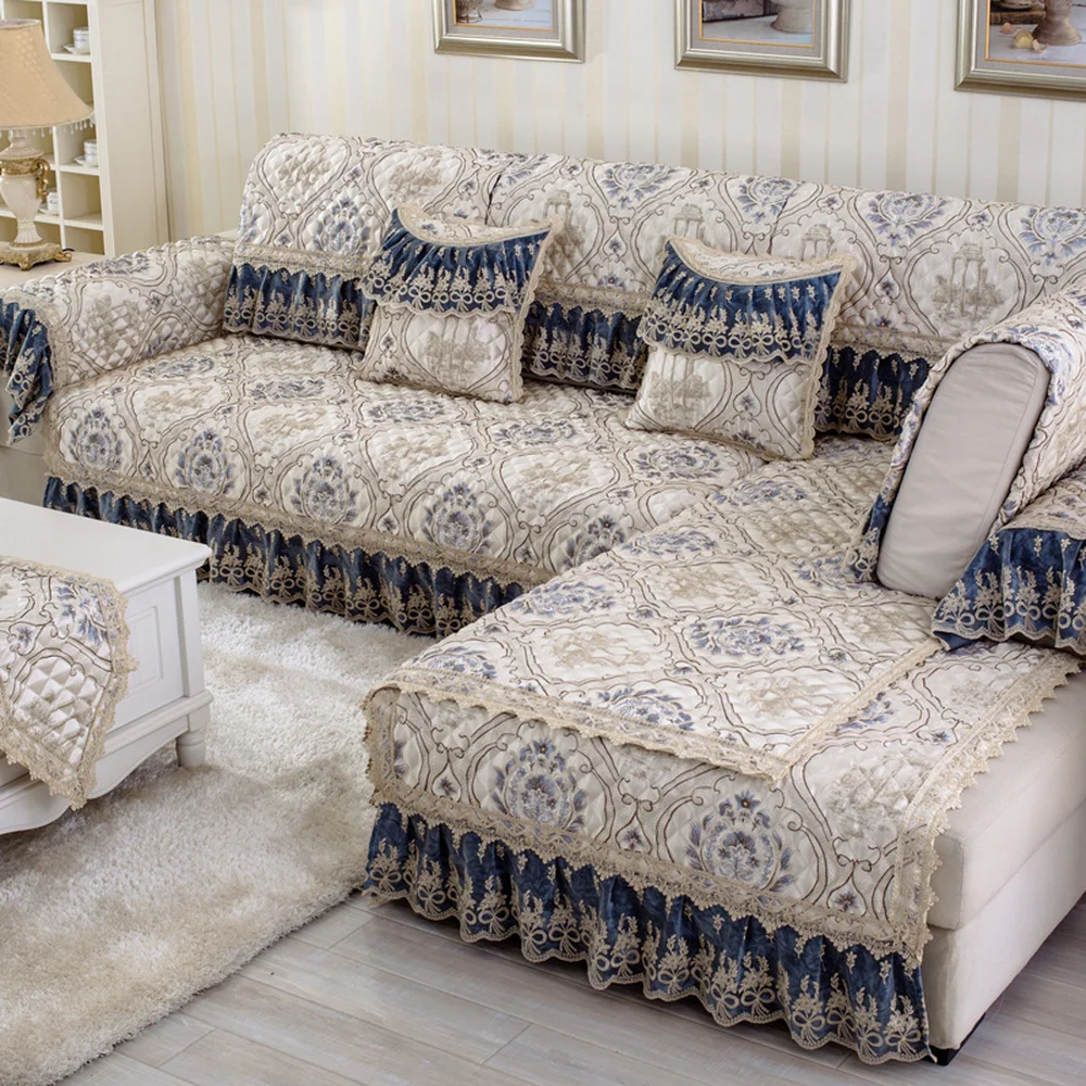 

Синее Роскошное хлопковое льняное покрывало для дивана, высококачественное кружевное жаккардовое покрывало для дивана, нескользящий чехол из искусственной подушки, комплект диванов для гостиной