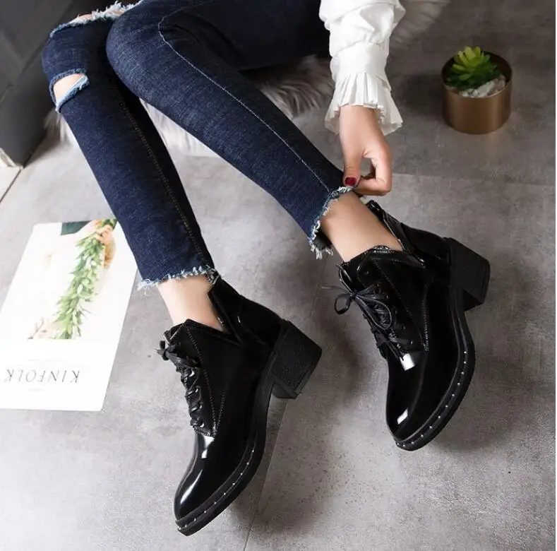 

Black Women Pumps Boots Womens Shoes Spring New Korean British Style Lace Up Ankle Boots for Women Shoes Woman Zapatos De Mujer