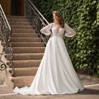 Роскошное Свадебное платье с длинным пышным рукавом, V-образным вырезом, а-силуэт, жемчужинами, элегантные свадебные платья 2021, свадебное платье с открытой спиной и шлейфом, изготовление на заказ