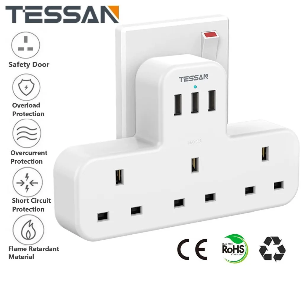 

TESSAN Multi Plug Extension Power Socket Adapter with 3 Way UK Outlets 3 USB Ports 13A Wall Charger Adapter Overload Protection