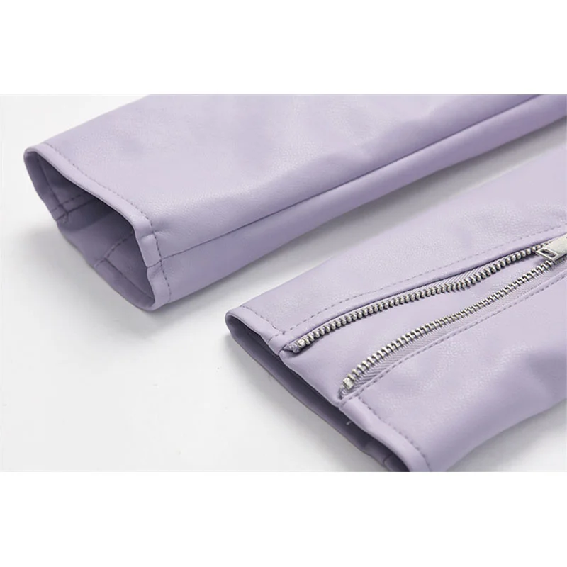 

Spring Autumn 2021 Women Purple Black Short Faux PU Leather Jacket With belt Plus size Casacos Feminino Moto Biker Jacket Female