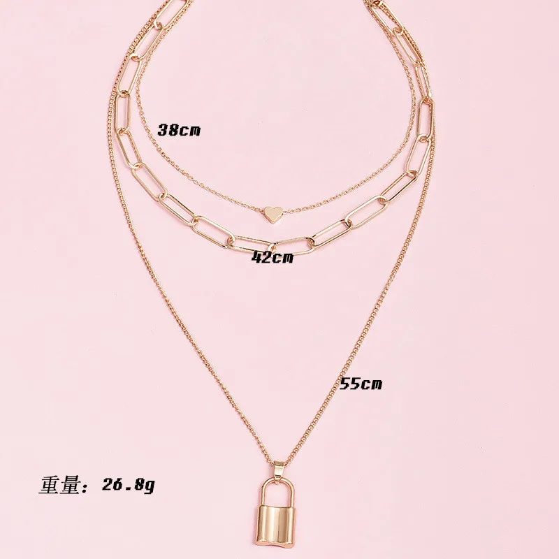 

Punk Gold Color Heart Big Lock Chains Necklace for Women Girl Metal Geometric Multilayer Necklaces Party Jewelry Collares