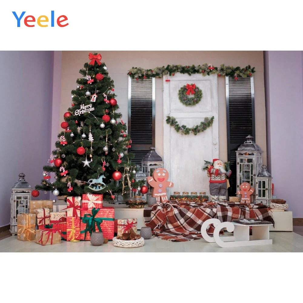 Рождественское украшение кукла Дерево Венок ковер деревянный пол фон фотографии