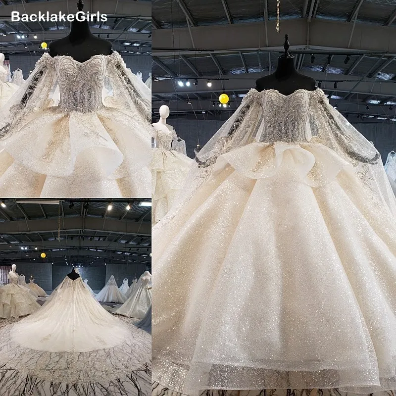 Бальное свадебное платье 2020 с круглым вырезом фатиновое длинным рукавом для