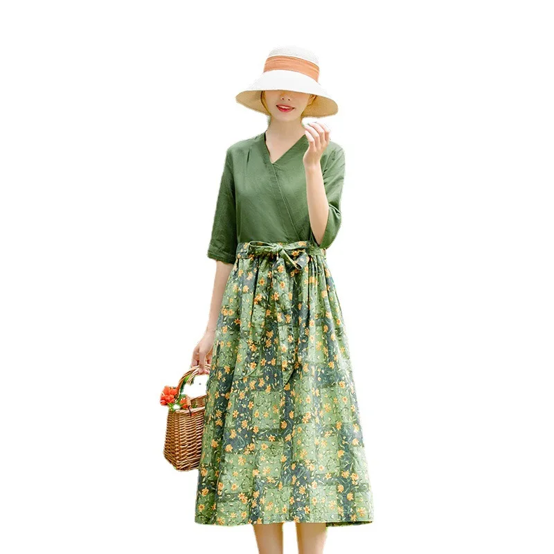 

025 Summer Women's Dress Half Sleeve V-Neck High Waist Linen Floral Printed Sweet Pastoral Girl Casual Loose Midi Female Green