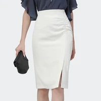 knee length ladies white pencil skirt lightly shirred elegant women office bottoms side slit back zip up female plus size skirts