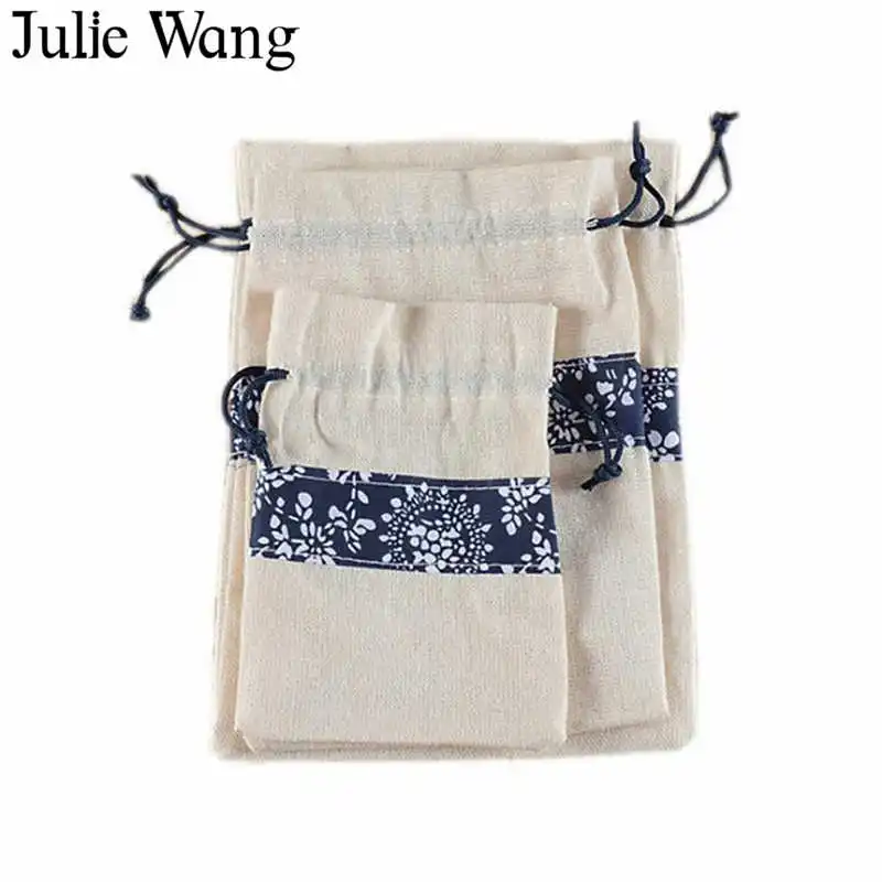 Julie Wang 50 шт. Льняная сумка на шнурке для ювелирных изделий сине белая фарфоровая с