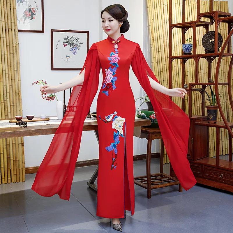 

Red Womens Evening Cheongsam Wedding Party Dress Traditional Chinese Style Elegant Qipao Long Gowns Retro Vestido S-3XL
