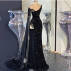 Блестящее черное вечернее платье с блестками и поясом, соблазнительные прямые платья с высоким разрезом для выпускного вечера, Формальные платья, арабское платье, 2021