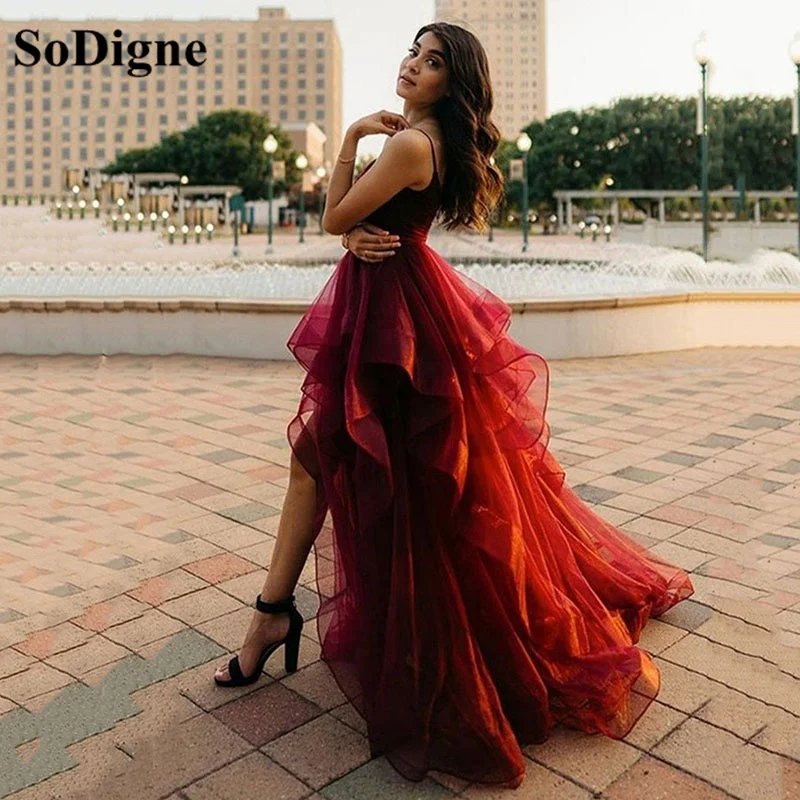 SoDigne Burgundy High Low Long 2022 Prom Dresses Fluffy Tulle Women Formal Party Dress Popular Evening Gowns