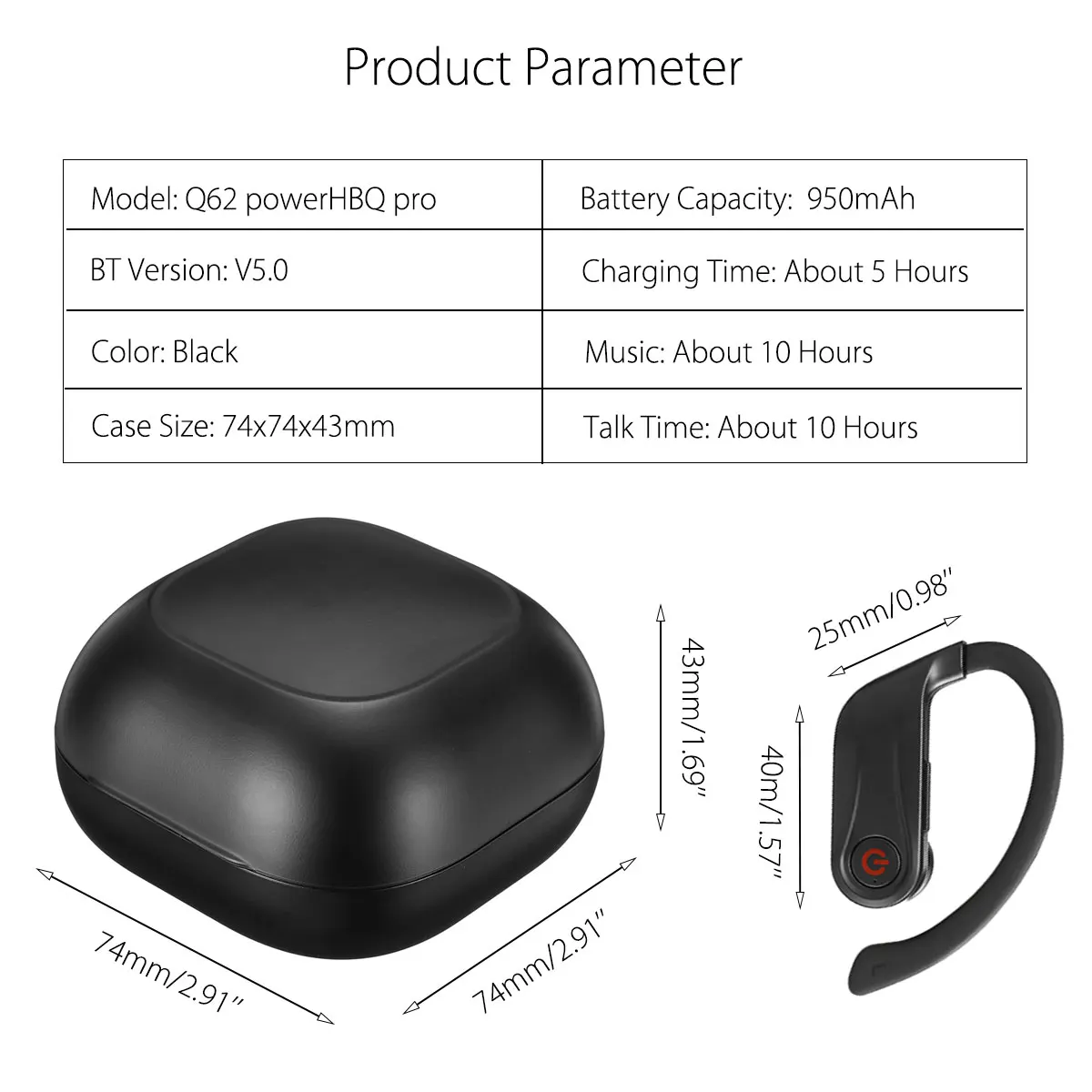 Q62 power HQB беспроводные V5.0 bluetooth наушники стерео гарнитура с ушным крючком спортивная Гарнитура с светодиодный цифровой дисплей зарядная коробка