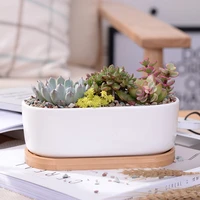 simple white ceramic rectangular fleshy flower pot ceramic creative flower pot with bamboo stand desktop flower pot decoration