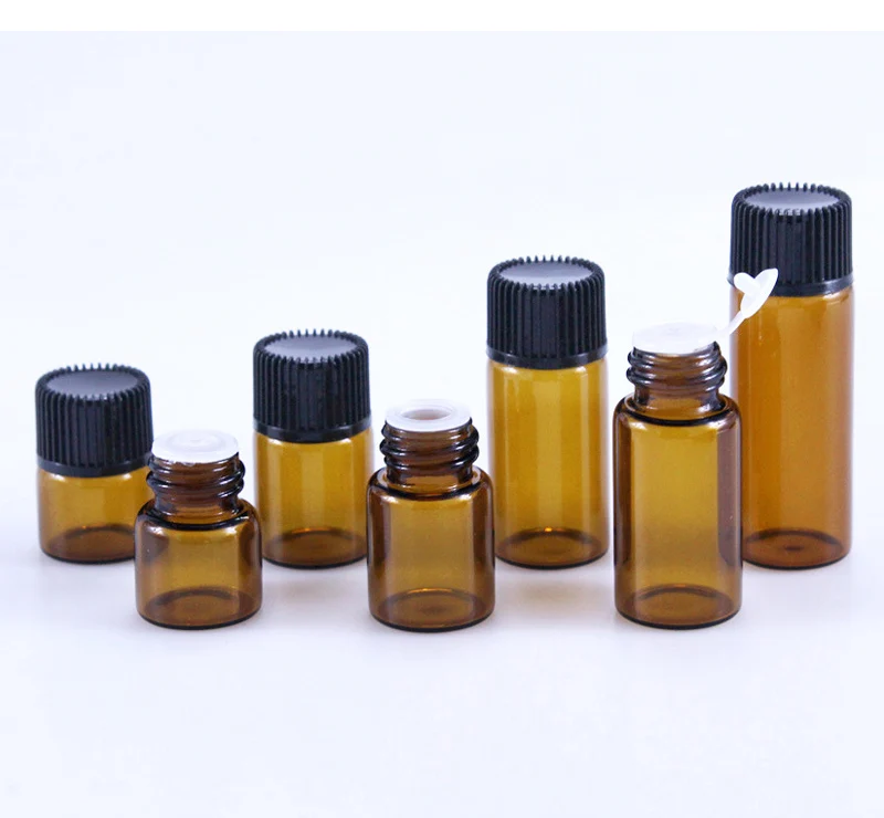 

50pcs 1ml 2ml 3ml 5ml Drams Amber Glass Bottle With Plastic Lid Insert Essential Oil Glass Vials Perfume Sample Test Bottle