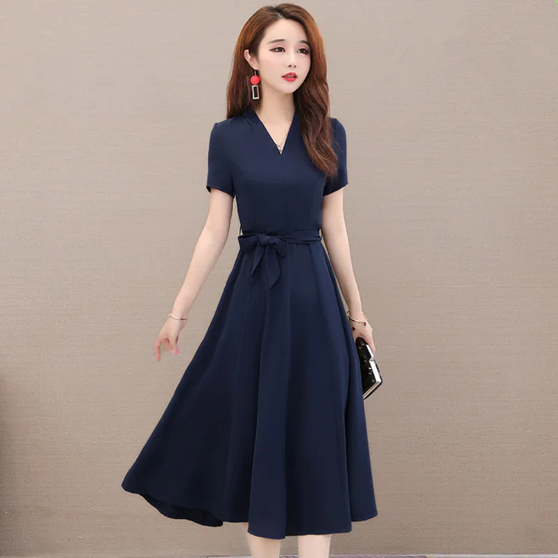 

M-4XL Women Chiffon Dress Summer 2020 New Fashion V-neck Short-sleeve Bow Sashes Long Dress Slim Thin Dresses Female Plus size