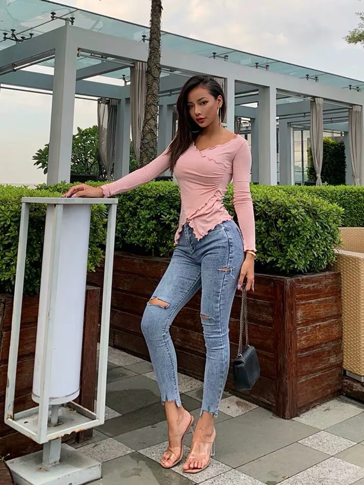 Топ XIBANI женский тонкий с V образным вырезом пикантная облегающая футболка