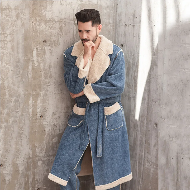 Autumn and Winter Bathrobe Couple Pajamas Female Nightgown Thickened Flannel Large Size Home Service Men and Women Extended Suit