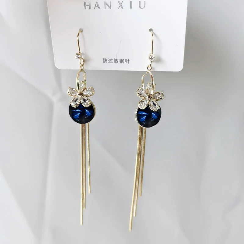 

Refreshing blue crystal earrings 2020 new trendy long tassel earrings temperament earrings