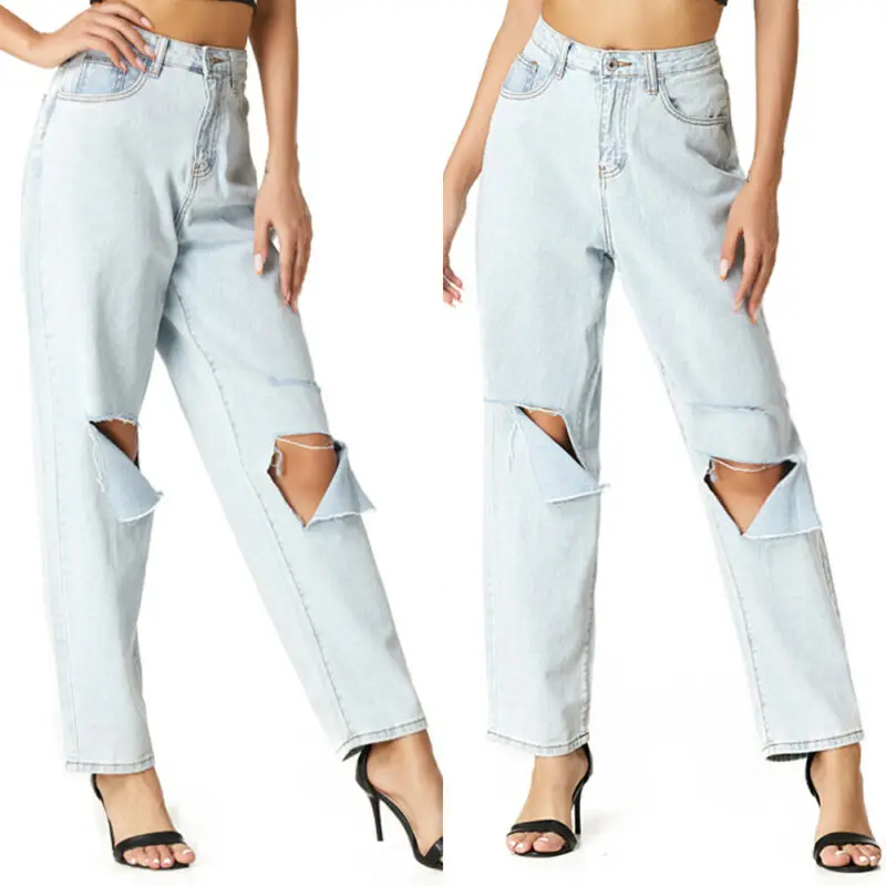 

Women Ladies Wide Leg Knee Hole Jeans Ripped Denim Pants Frayed Loose Trousers