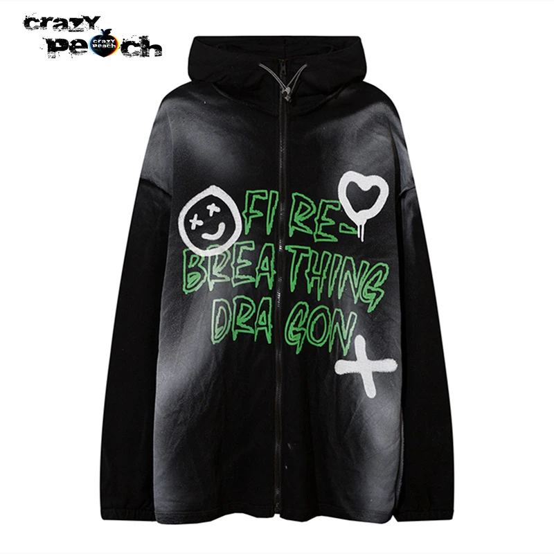 

2021 Men Hip Hop zipper Hoodie Sweatshirt Streetwear Graphic Letter Graffiti Print Pullover Harajuku Cotton Hooded Hoodie Black