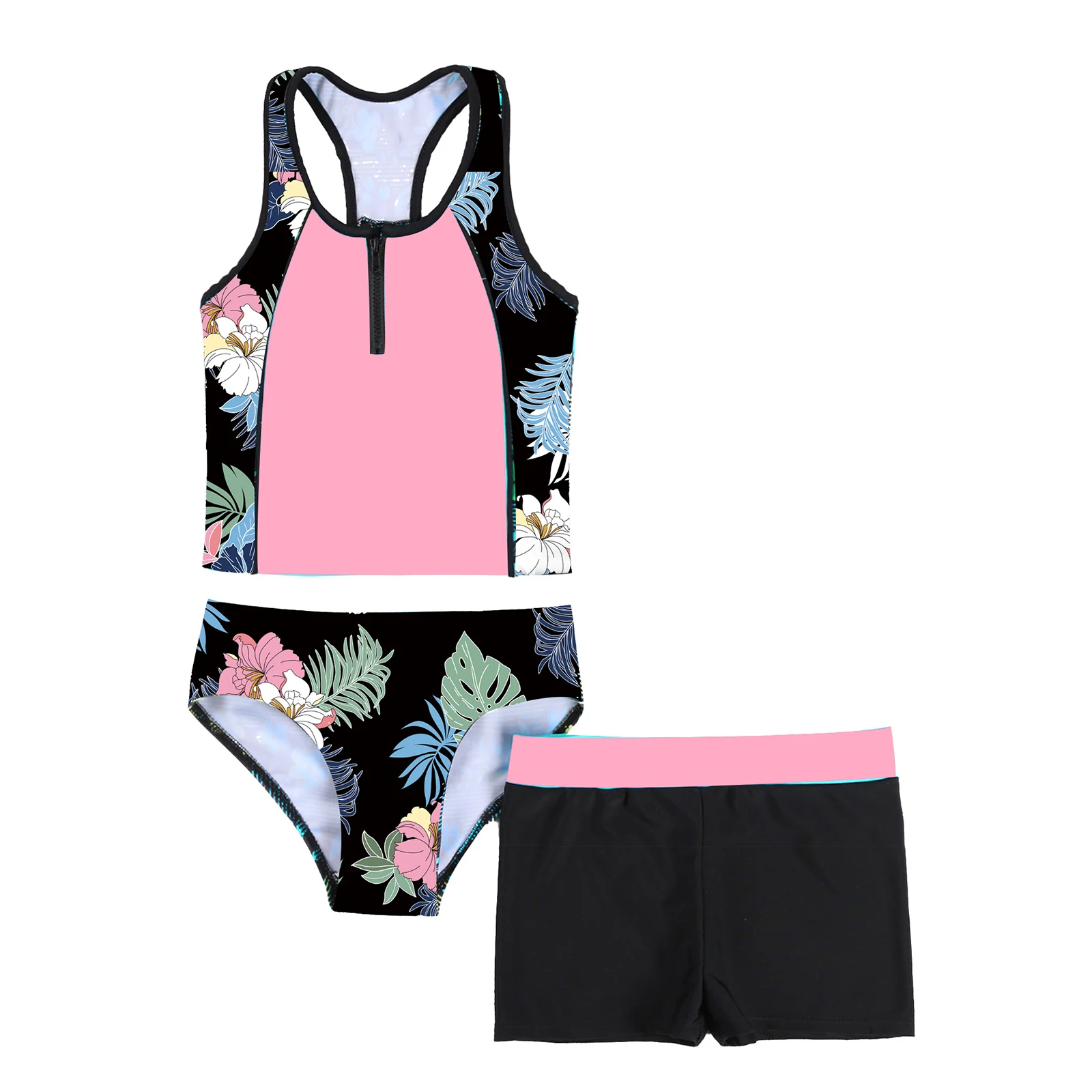 

Girls Three-Piece Bathing Suit Kids Tankini Set Shorts Bikini Bottom Scoop Neckline Tank Top Swimwear Children Beach Outfits