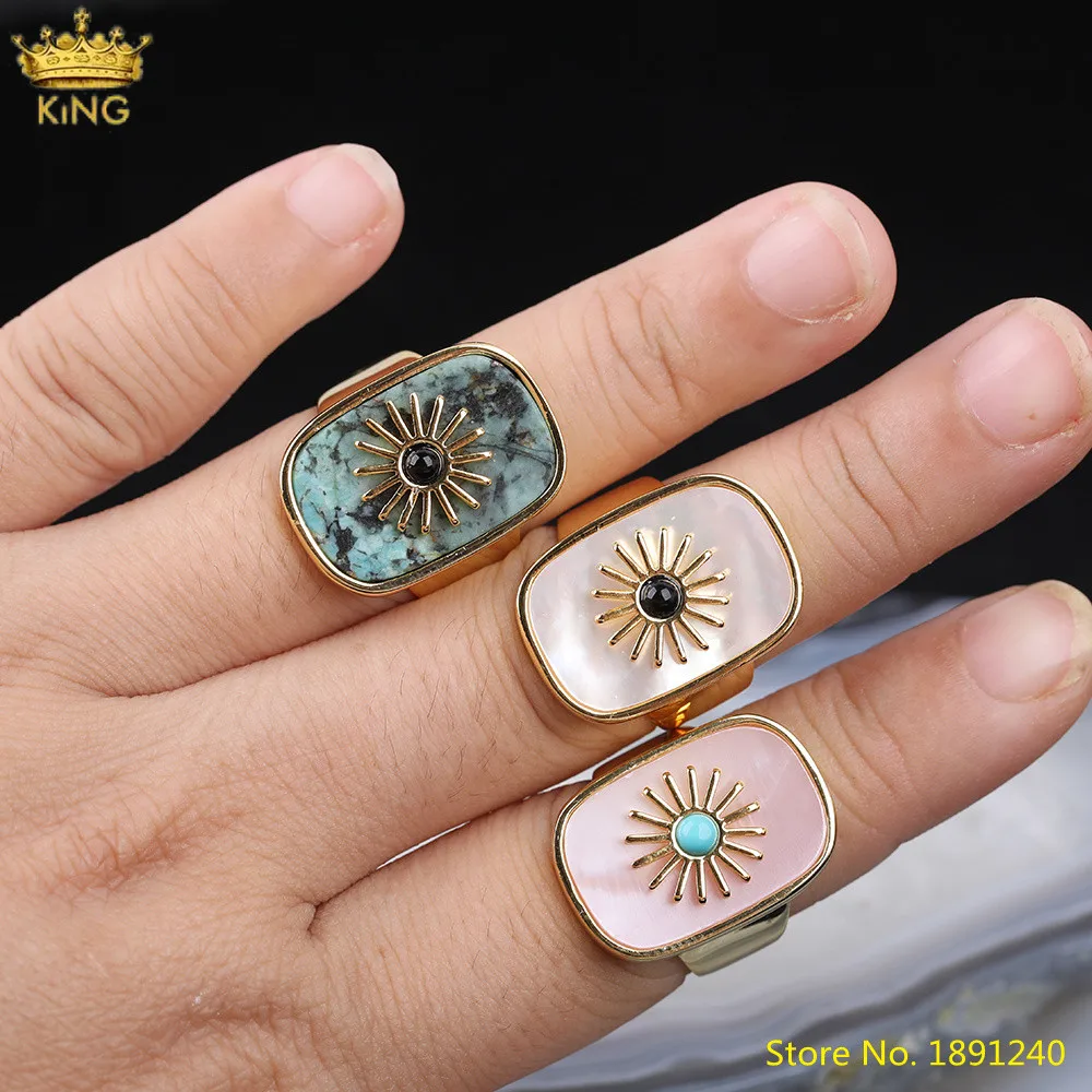 

3pcs Natural African Turquoises Stone Open Adjustable Rings,White Pink Shell Inlay Gold Sun Flower Rectangle Ring Jewelry Boho
