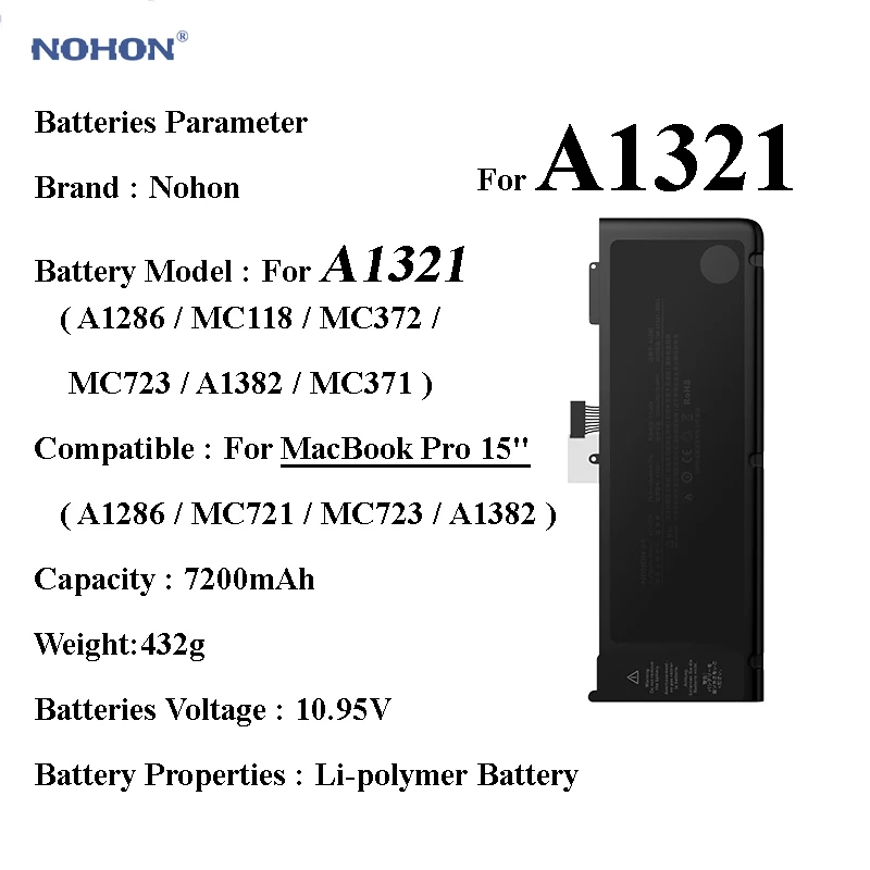 Аккумулятор Nohon для ноутбука MacBook Pro 15 дюймов A1321 A1286 MC721 MC723 A1382 10 95 в аккумулятор MC118