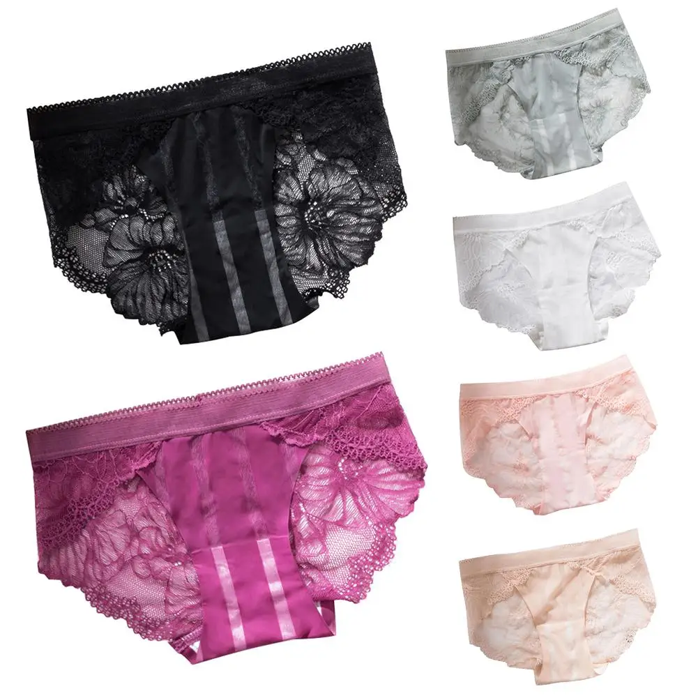 

Women Sexy Seamless Jacquard Lace Patchwork Solid Color Cotton Underwear Briefs