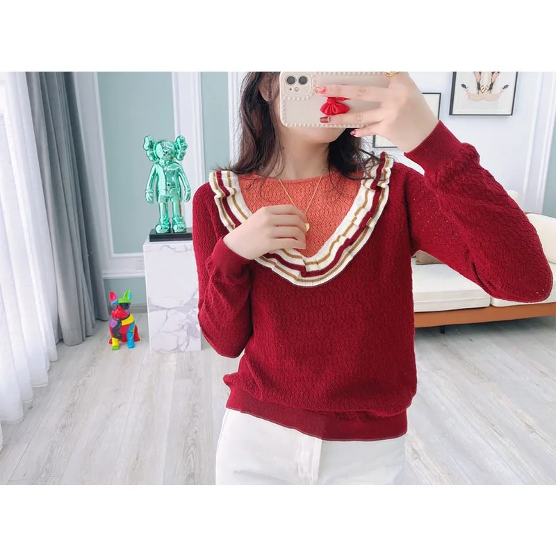 

Women Sweater 2021 Round Neck Wooden Ears Hollow Sleeve Wool Blend Knit Sweater Women's Top