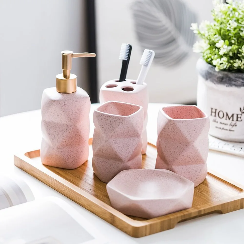 Ceramics Bathroom Accessories Set Soap Dispenser Toothbrush Holder Tumbler Soap Dish Tray Kitchen Dishwashing Liquid Container