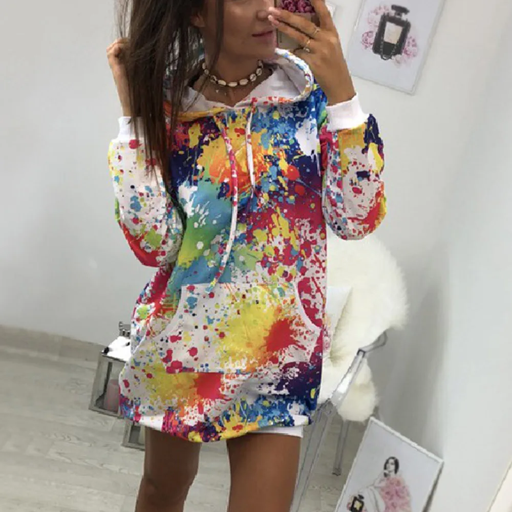 

Hooded Womens Colorful Tie Dyeing Print Sweatshirt Hooded Tops Drawstring Autumn Spring Female Hoodies Leisure Soft Feminina