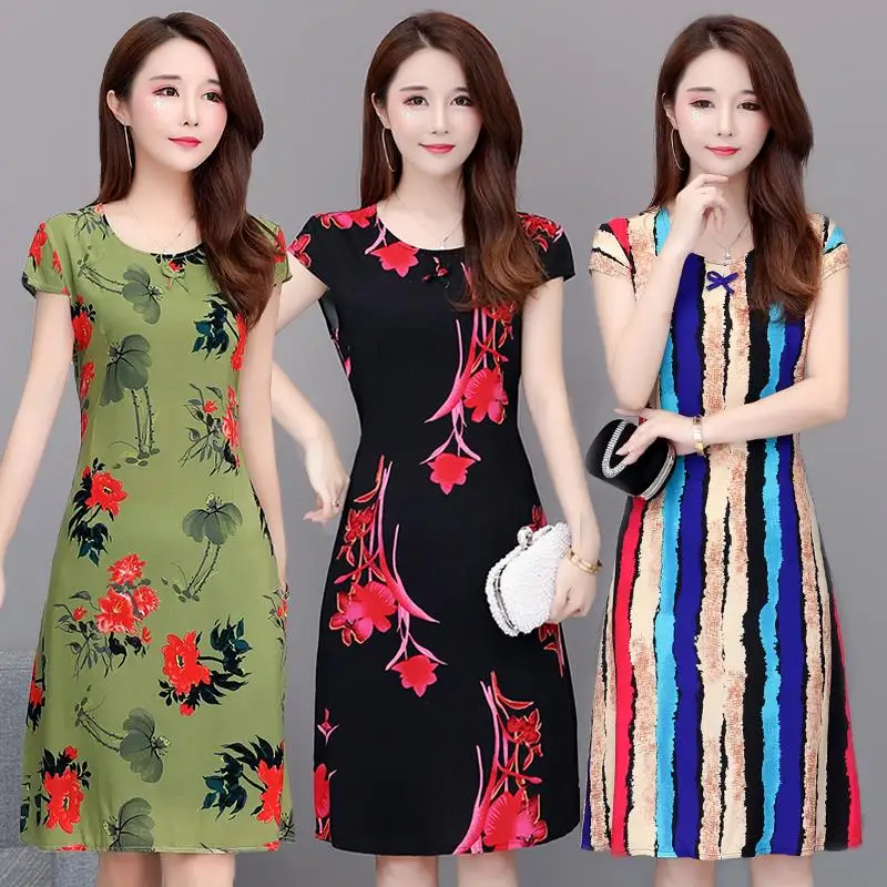 

new Promotion New Vestidos Mujer Women Dress 2022 Dress Women Round Neck Short-sleeved Cotton Printed Slim Belt