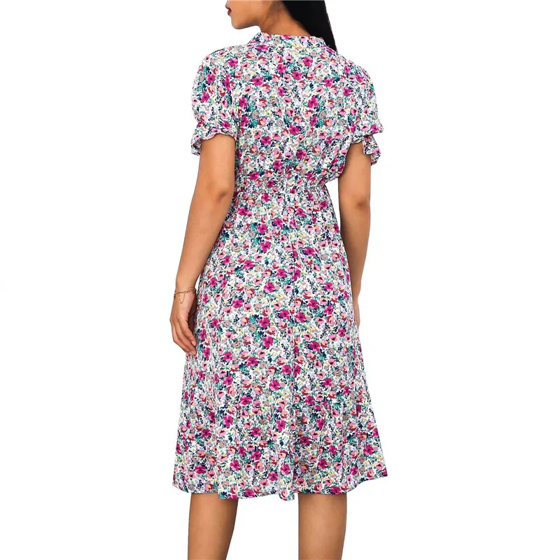 

Women's 2021 New Summer Casual Petal Sleeve Ruffle Medium Long Dress For Ladies Fashion V Neck All Match Chic Dress