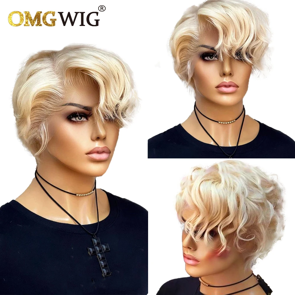 

613 Blonde Wavy Pixie Cut Wig For Women Brazilian Remy Human Hair T Part Lace Wigs Curly Short Bob Wig With Bangs 150% Density