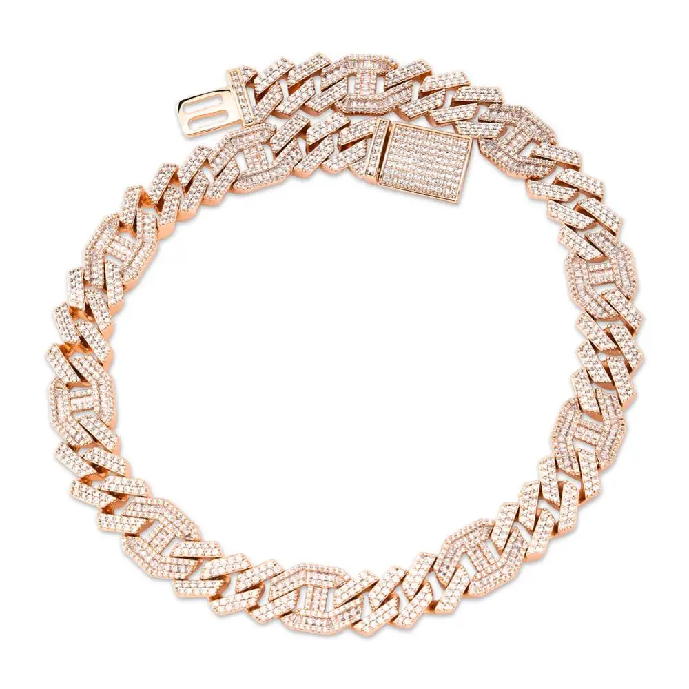 Rose Gold JINAO Мужская цепочка 14 мм, циркониевое ожерелье из фианита, кубинское звено, багет, циркон, украшение в стиле хип-хоп, золото, серебро, розовое золото, 16-30 - Окраска металла: Rose Gold