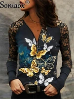 2021 autumn new women large size t shirt v neck zipper butterfly printing lace long sleeve t shirts casual pullover ladies tops