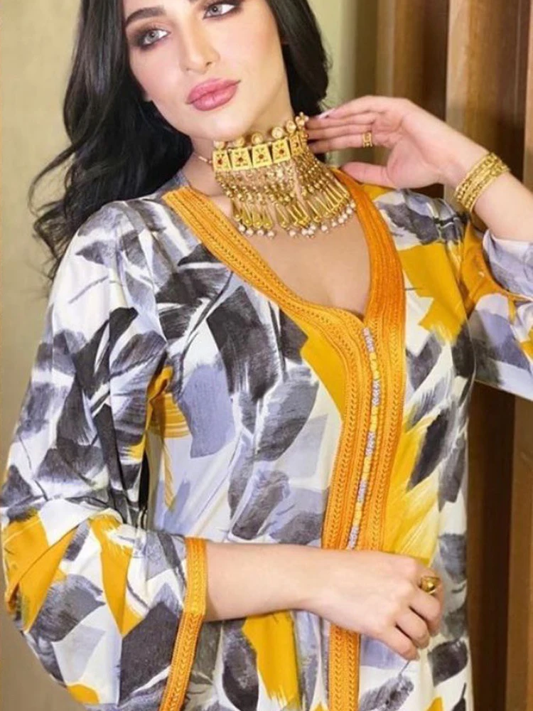 Women Dubai Djelleba Dress Loose Printed Braided Trim Arabic Saudi Oman Islamic Muslim Abaya Gown Morocco Kaftan Party Evening | Женская