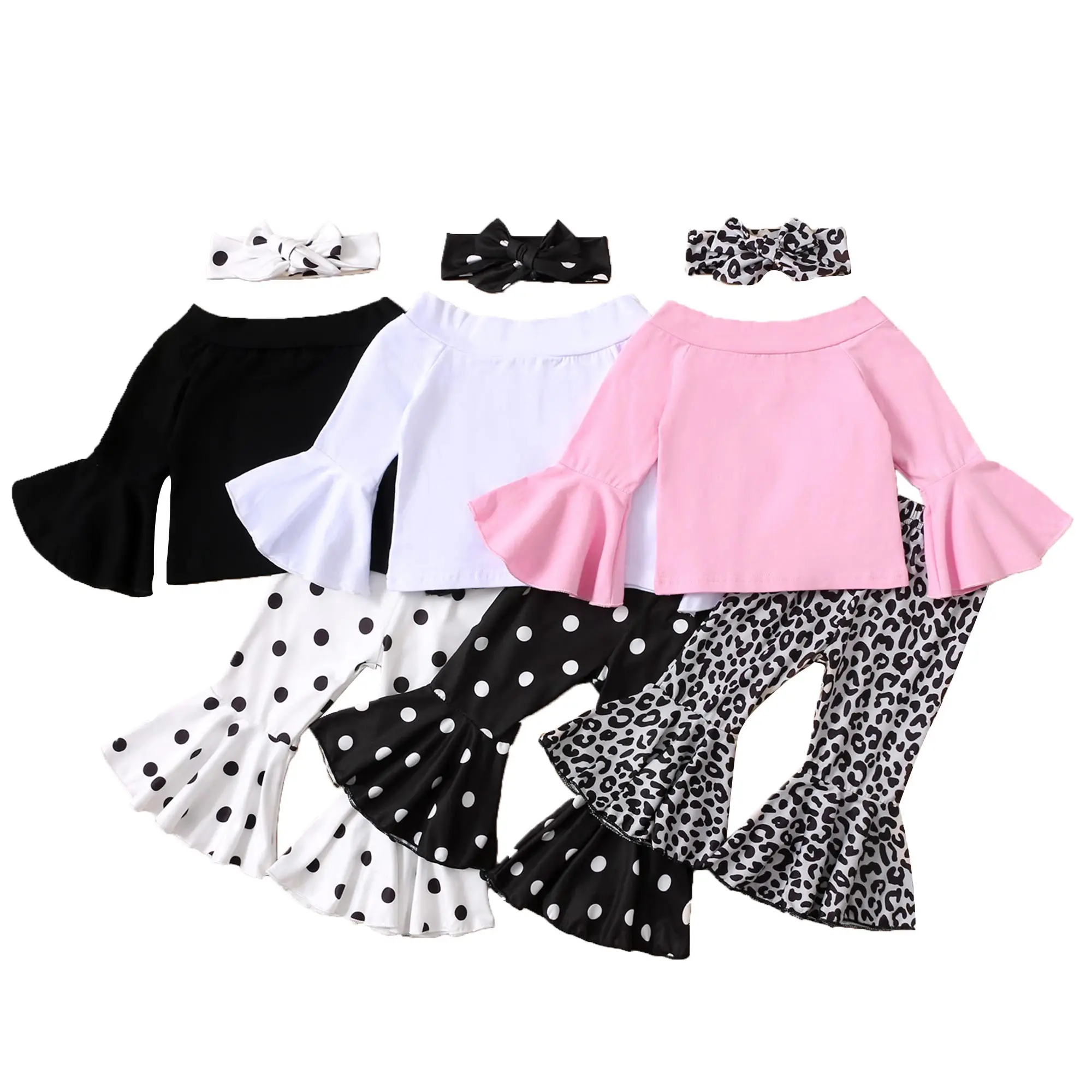 

New Baby Girls Clothes Sets FashionLong Sleeve Flared Sleeve Slash neck Printing Polka Dot Cotton Spring/Autumn Pullover Outfits