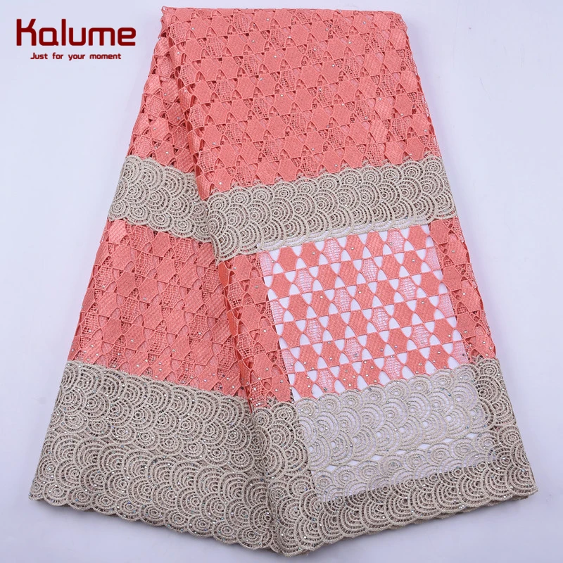 Высококачественная африканская гипюровая кружевная ткань Kalume персиковая сетка