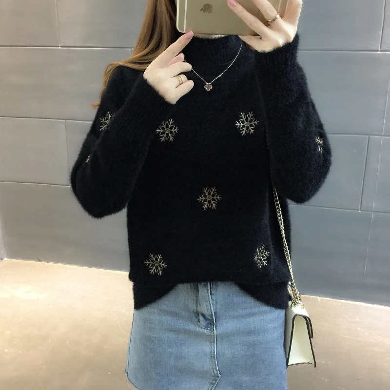 

Women Warm Pullover Sweater Winter High Quality Soft Mohair Snowflake Pattern Top Autumn Casual Velvet Thick Knitted Sweater 3XL