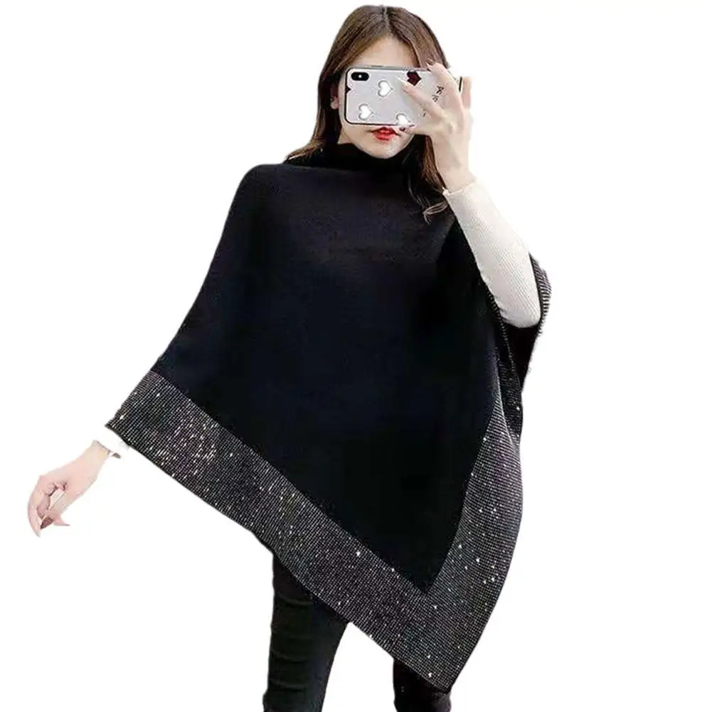 

2021 Fashion Rhinestone Knitted Shawl Batwing Cape Smock Warm High Neck Loose Cloak Poncho Sweater Knit Coat Overcoat Pullover