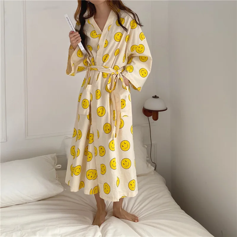 Женская Хлопковая пижама со смайликом халат для душа спа ночной банный ночная