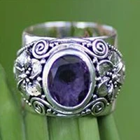 2021 new vintage flower encarved rings for women retro silver color bohemian amethyst zircon ring party jewelry accessories gift