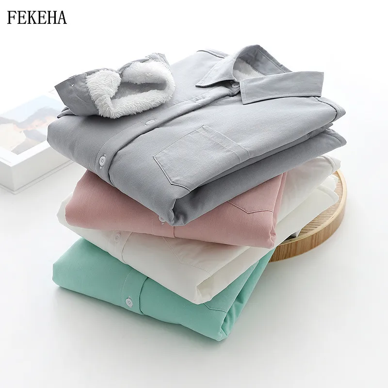 

Thick Velvet Shirts Womens Keep Warm White Blouses And Tops 100% Cotton Long Sleeve Female Clothes Outwear Winter News Solid