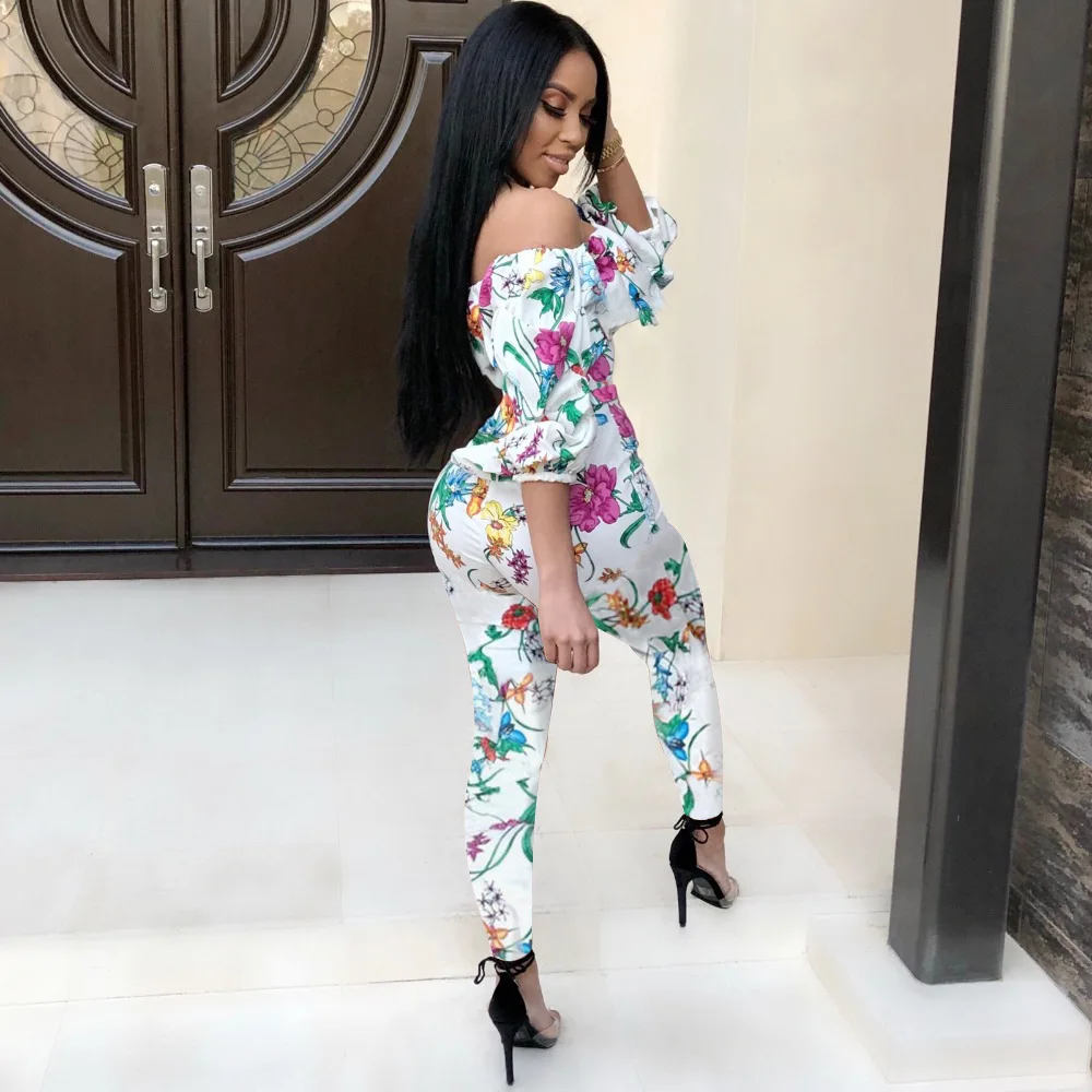 

Elegant Woman Jumpsuit Hot Sale Slash Neck Stacked Sleeve Floral Printed Bodycon Rompers Womens Jumpsuit White Sashes Bodysuits